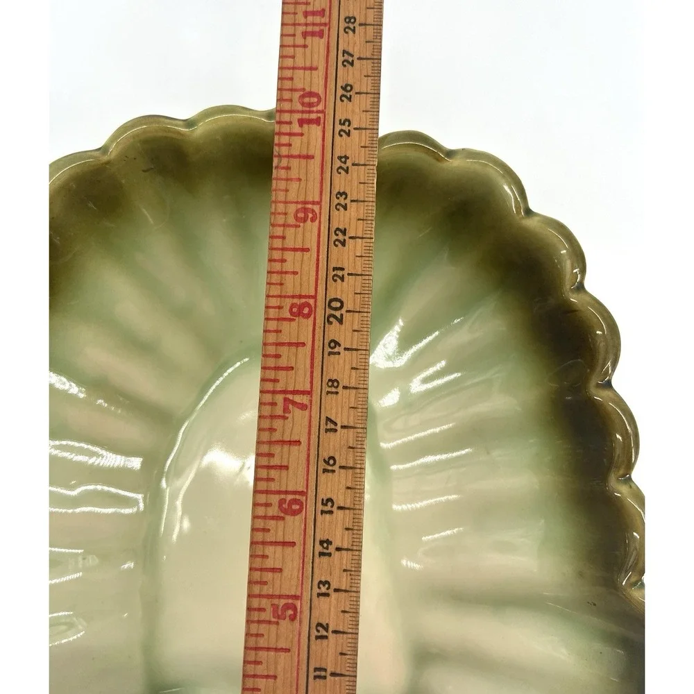 HULL Vtg Avocado Ombre Green #34 Platter Bowl Scalloped Edges Signed USA 10